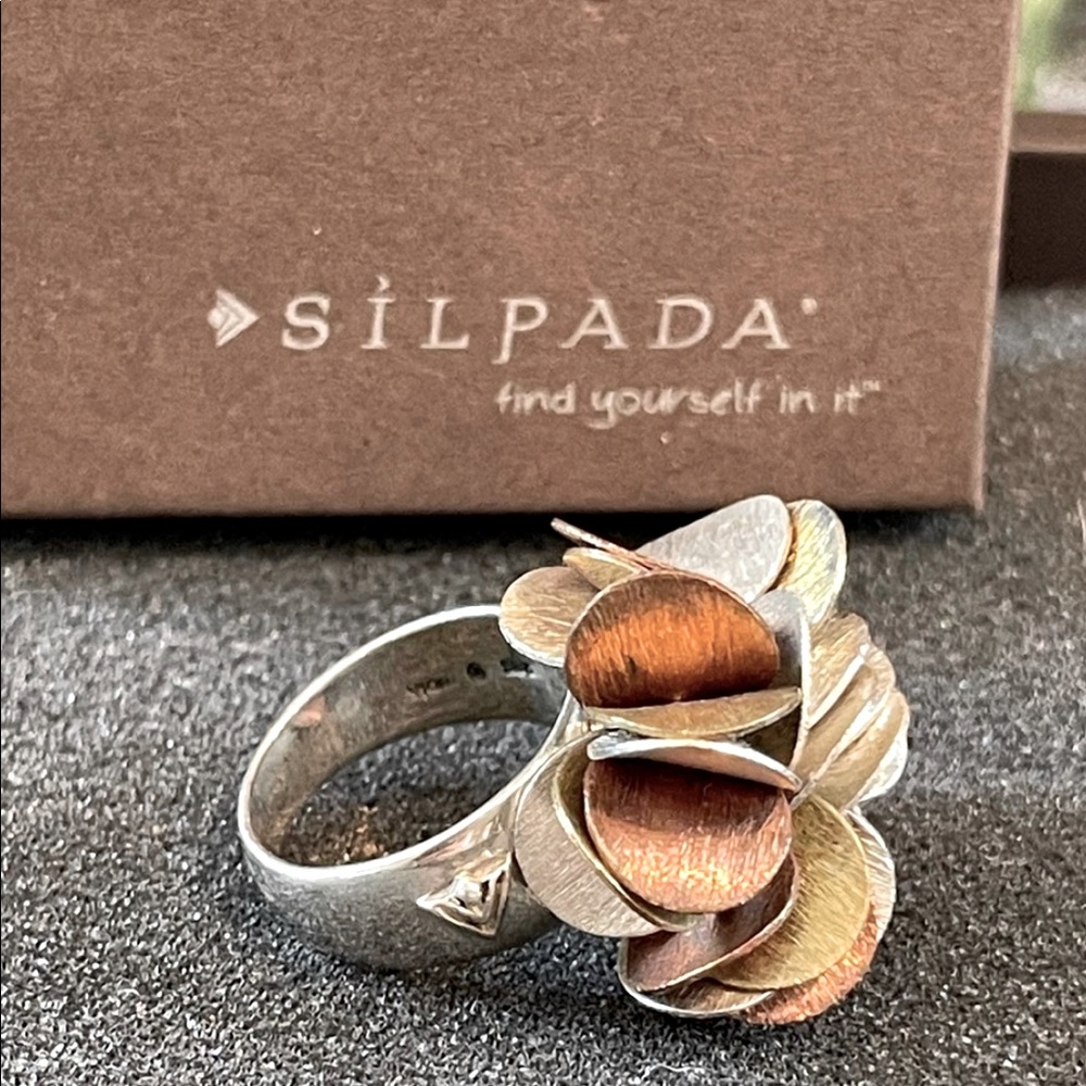 Hand brushed sterling silver, brass, copper ring
